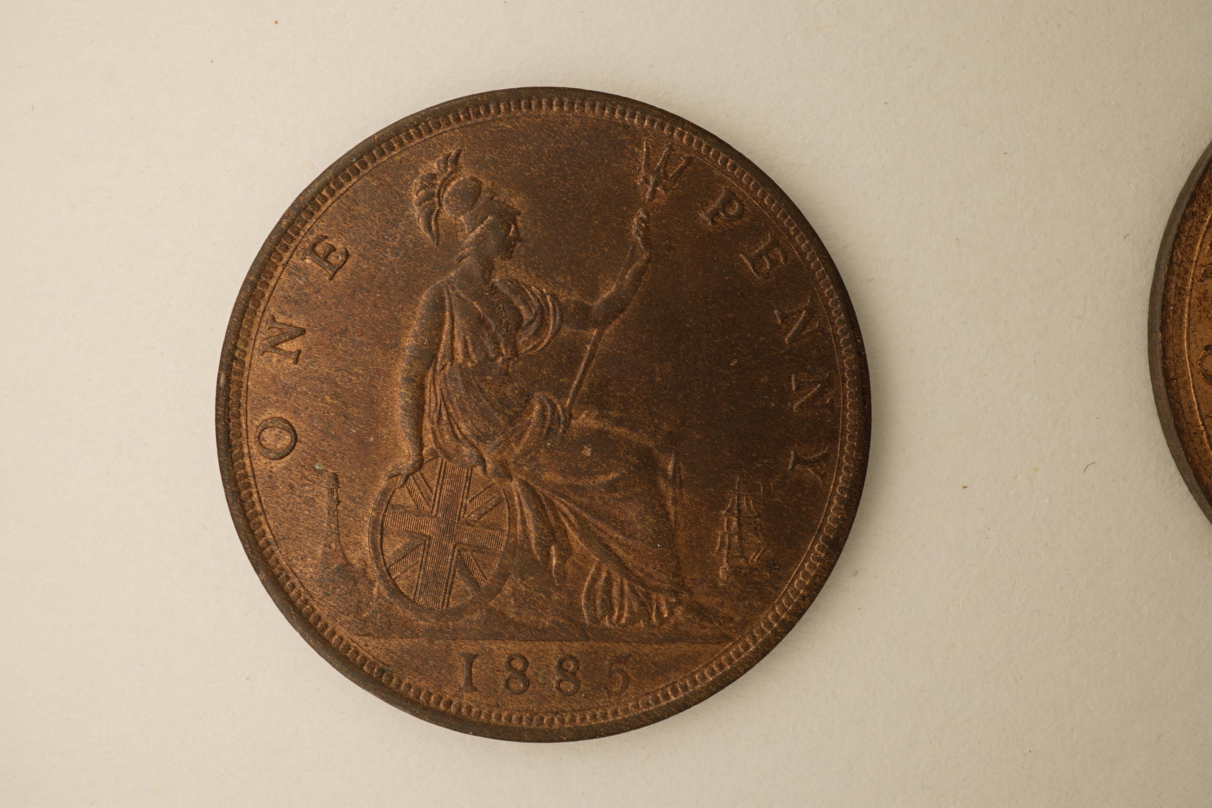 British coins, Victoria, three bronze pennies;, 1885, Fr. 121, Gouby dies R/r, EF, toned, some lustre, 1886, Fr. 123, Gouby dies R/r, EF, lustre, 1887, Fr. 125, Gouby dies R/r, EF, lustre.